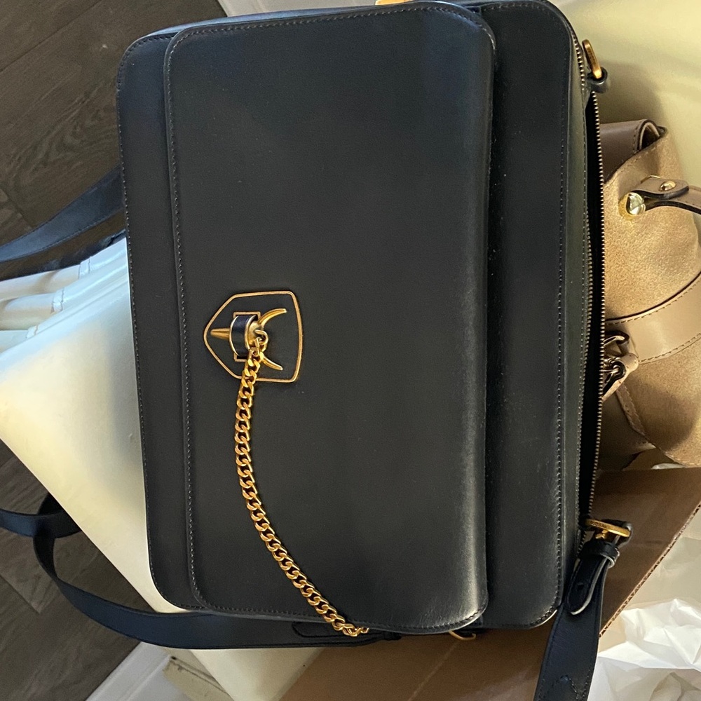 RUDSAK Black Leather Messenger/laptop  Bag with Gold Chain